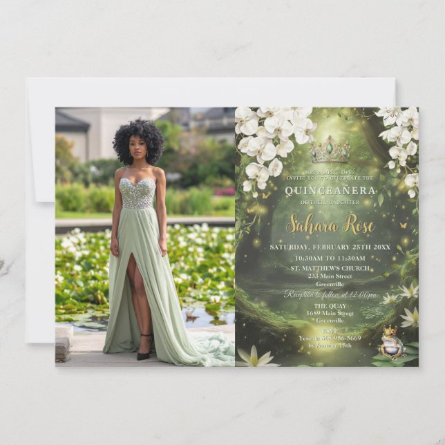 Enchanting Princess & Frog Green Quinceañera Photo Inbjudningar (Framsida)