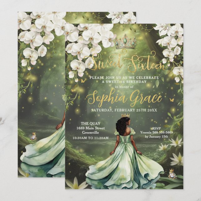 Enchanting Princess & Frog Grönt Dress Sweet 16 Inbjudningar (Fram/baksida)