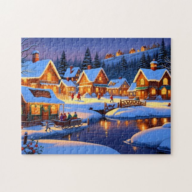 Enchanting Snö-Covered Village Winter Wonderland Pussel (Horisontell)