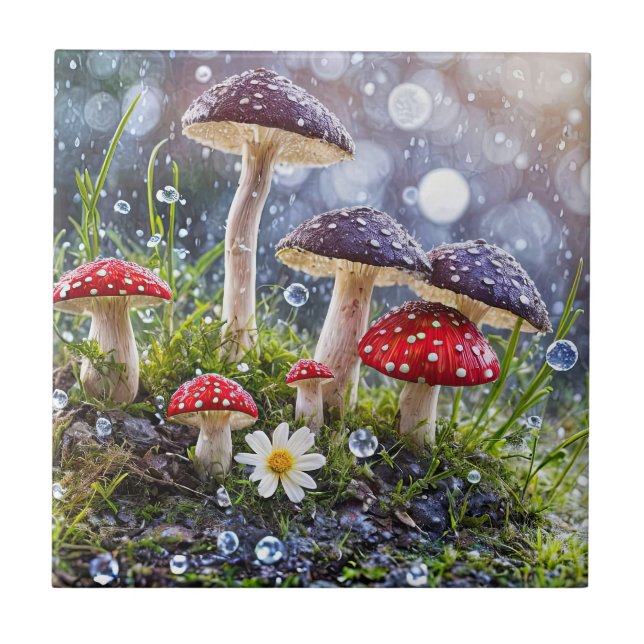 Enchanting Toadstools Rain Fantasy Roligt Forest Kakelplatta (Framsidan)