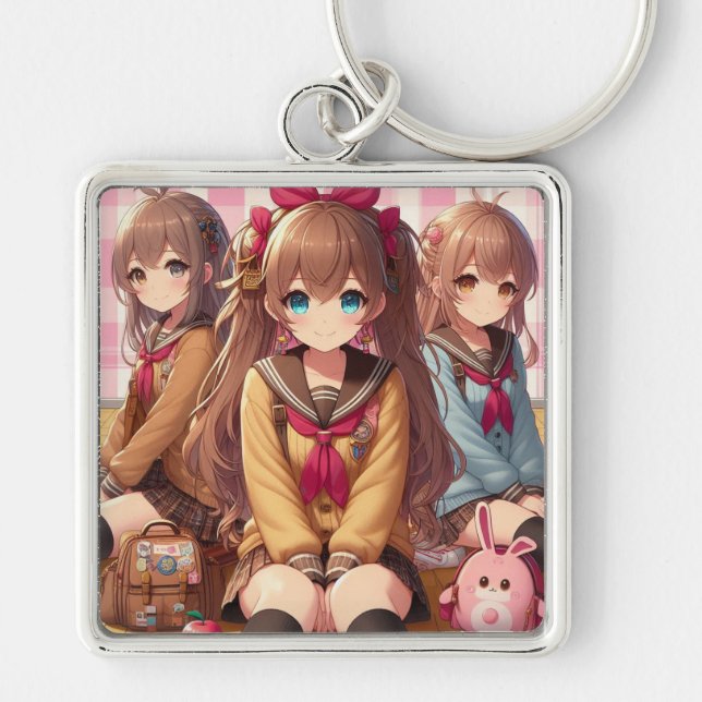 "Enchanting Trio: Doll Keychain Set" Fyrkantig Silverfärgad Nyckelring (Framsidan)