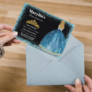 Enchanting Turcouise Glitter Princess Quinceañera Inbjudningar