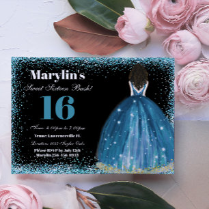 Enchanting Turcouise Glitter Princess Quinceanera Inbjudningar