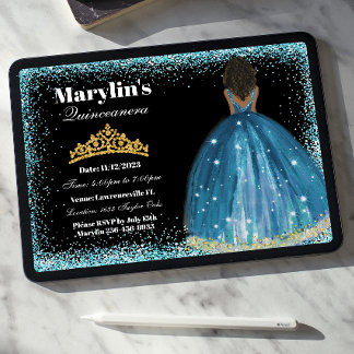 Enchanting Turcouise Glitter Princess Quinceañera Inbjudningar