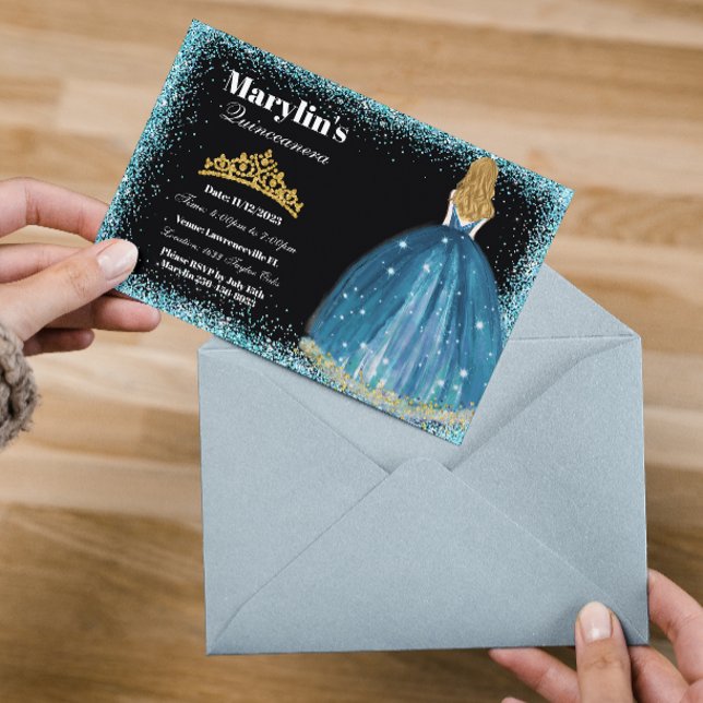 Enchanting Turcouise Glitter Princess Quinceañera Inbjudningar (Skapare uppladdad)