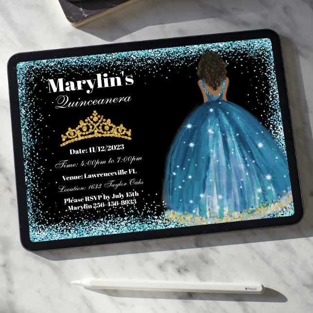 Enchanting Turcouise Glitter Princess Quinceañera Inbjudningar (Skapare uppladdad)