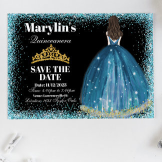 Enchanting Turcouise Glitter Princess Quinceañera Spara Datumet