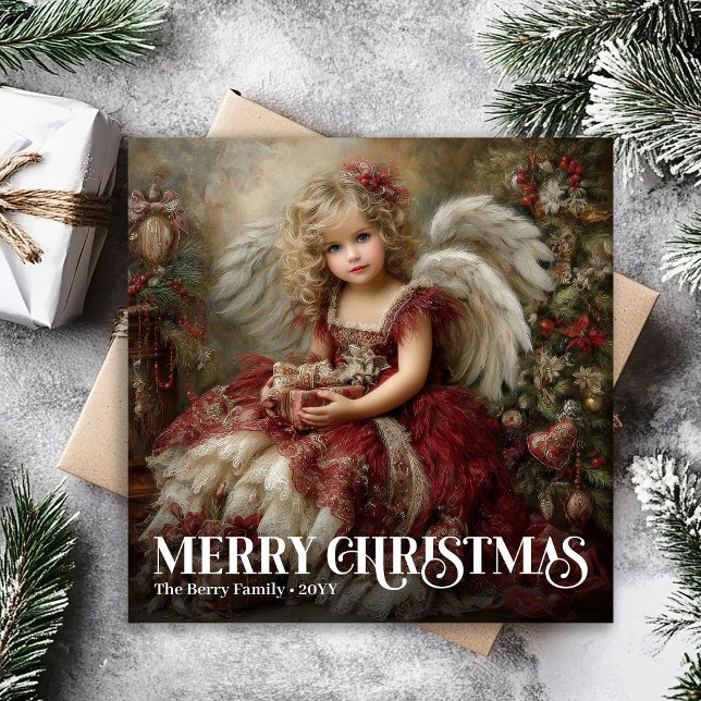 Enchanting Victorian Angel Burgundy Christmas Card Julkort (Enchanting Victorian Angel Burgundy Christmas Card)