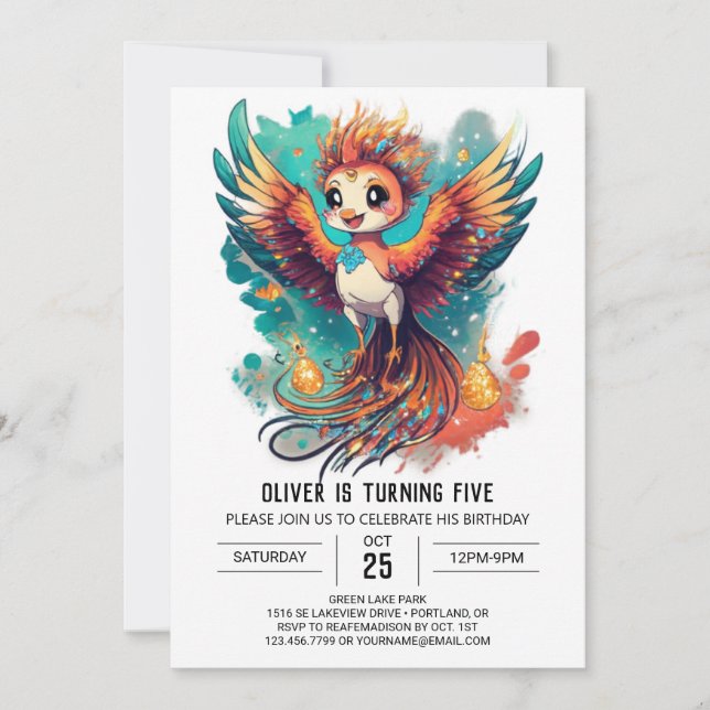 Enchanting Watercolor Phoenix Tale Birthday Inbjudningar (Framsida)