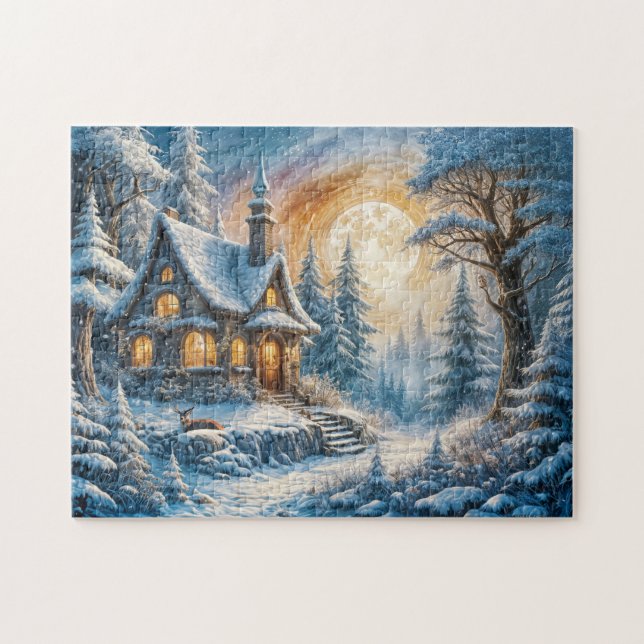 Enchanting Winter Cottage in Moonlight Pussel (Horisontell)
