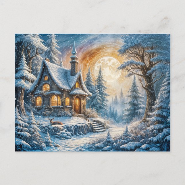 Enchanting Winter Cottage in Moonlight Vykort (Framsida)