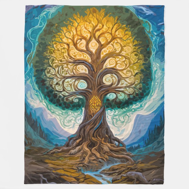 Enchanting Yggdrasil Glowing Tree Magical Landscap Fleecefilt (Framsidan)
