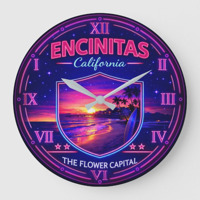 Encinitas California Coastal Sunset Neon Stor Klocka (Framsida)