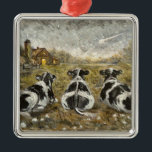 End of Day - Cows Whimsical Farmhouse Home  Julgransprydnad Metall<br><div class="desc">🐾There is something so magical about that quiet moment at the end of a long day when the world finally stills. This ornament features my original oil painting of three cows resting together, looking up as a soft shooting star streaks across the dark sky. A warm, distant glow from a...</div>