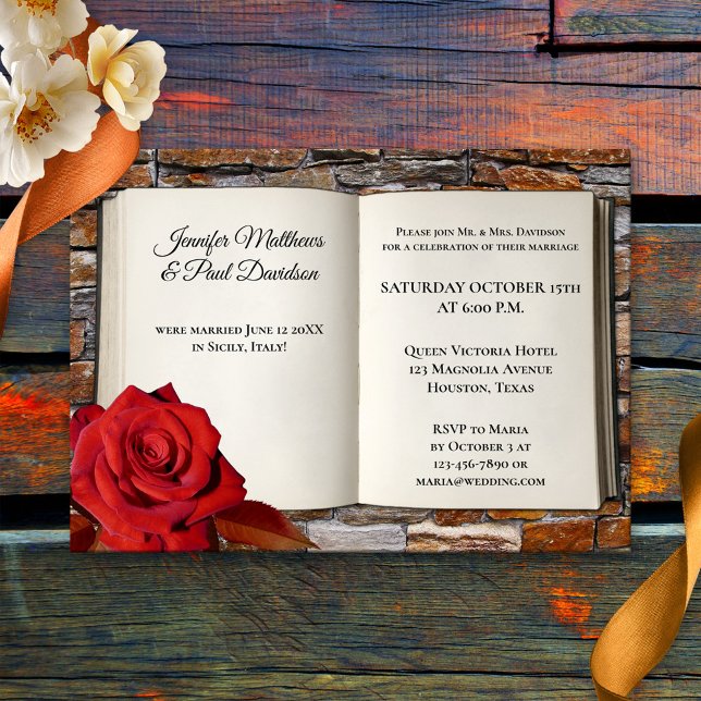 Endast bok Röd ros efter bröllopsmottagning Inbjudningar (A romantic post wedding party invitation featuring a book and red rose on a brick background)