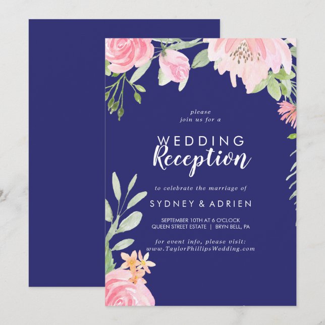 Endast bröllopsmottagning för vår Peony Navy Inbjudningar (Fram/baksida)