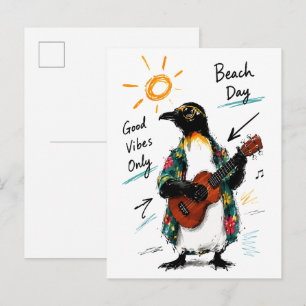 Endast Goda Vibbar Strand Pingvin Spelar Ukulele Vykort