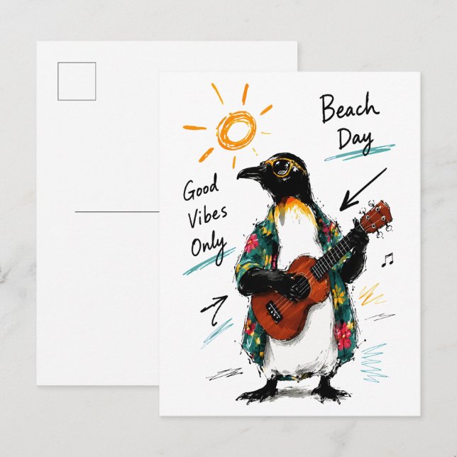 Endast Goda Vibbar Strand Pingvin Spelar Ukulele Vykort (Fram/baksida)