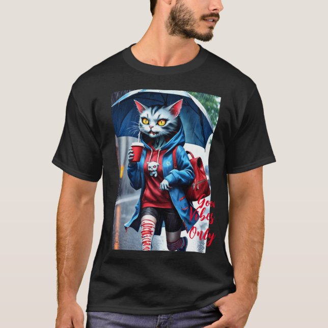 Endast goda vibes: Katt i regn-grafik T-Shirt (Framsida)