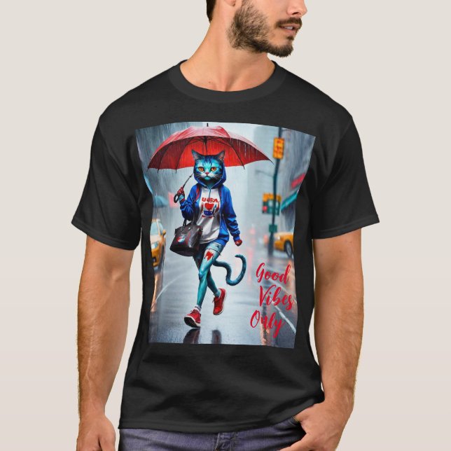 Endast goda vibes: Katt i regn-grafik T-Shirt (Framsida)
