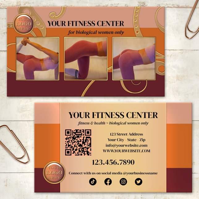 Endast kvinnligt träningscenter visitkort (Business card in warm earth tones with your photos, QR code, logo and social media icons)