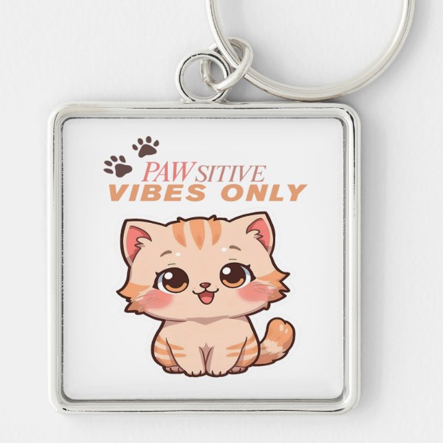 Endast pawsitiva vibes - Cute Kawaii Cat Design Fyrkantig Silverfärgad Nyckelring (Framsidan)