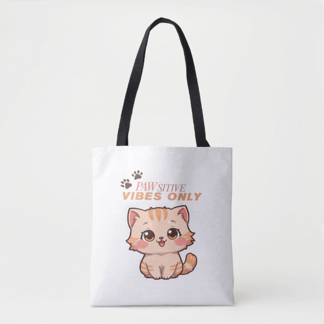 Endast pawsitiva vibes - Cute Kawaii Cat Design Tygkasse (Framsida)