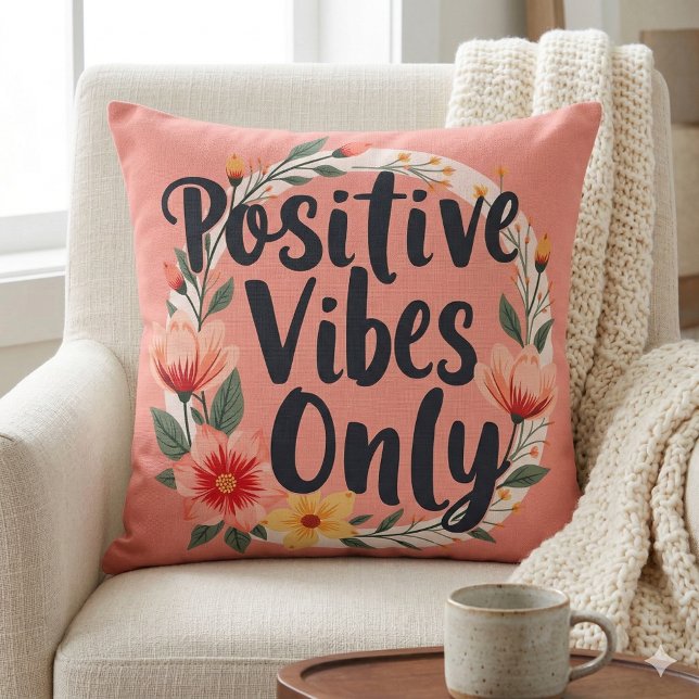 Endast Positiva Vibrationer Blomsterkrans Design Kudde (Positive Vibes Only Floral Wreath Design Throw Pillow Mockup D)