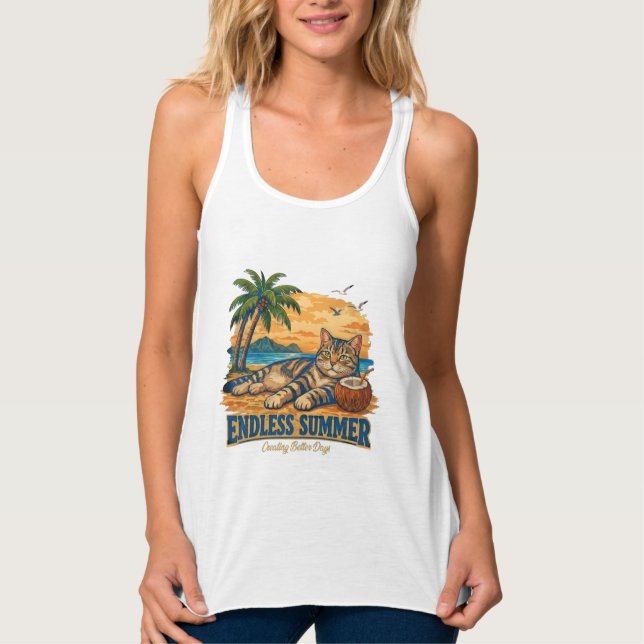 Endless Summer Cat Tee Rolig Beach Kvinnor  Linne Med Racerback (Framsida)