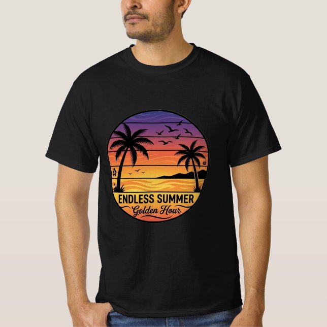 Endless Summer Retro Sunset Beach Palm T-Shirt (Framsida)