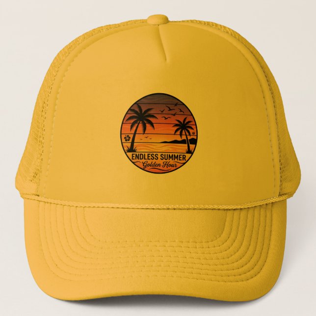 Endless Summer Retro Sunset Palm Trees Trucker Hat Keps (Framsida)