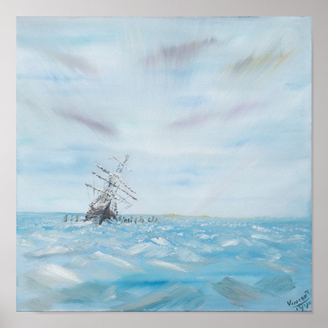 Endurance fångad av Antarktis Ice. Målad Poster (Framsidan)