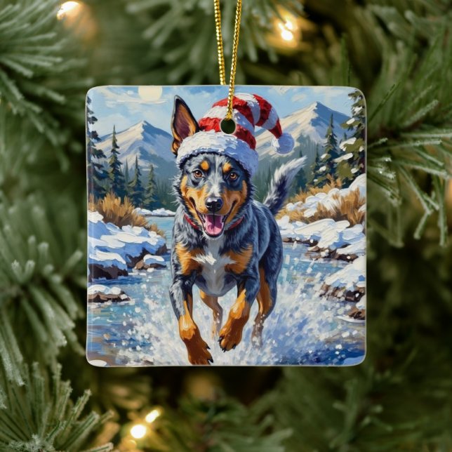 Energetic Blue Heeler Dog Winter Creek Christmas Julgransprydnad Keramik (Träd)