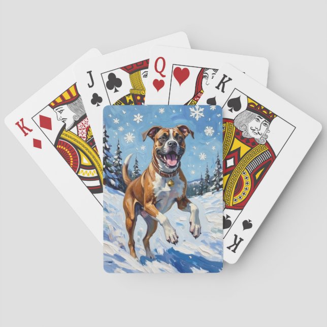 Energetic Boxer Dog Leaping in Winter Snow Fun Casinokort (Baksidan)