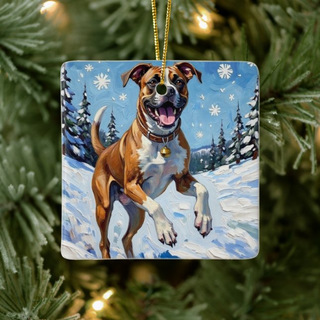 Energetic Boxer Dog Leaping in Winter Snow Fun Julgransprydnad Keramik (Träd)