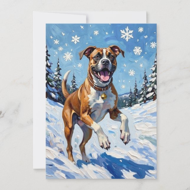 Energetic Boxer Dog Leaping in Winter Snow Fun Julkort (Framsida)