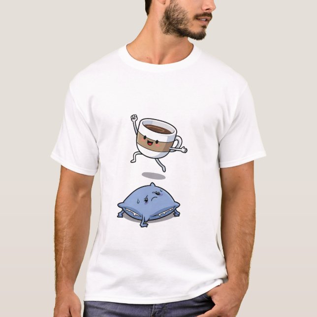 Energetic Cartoon Coffee Cup Jumping Over  T Shirt (Framsida)