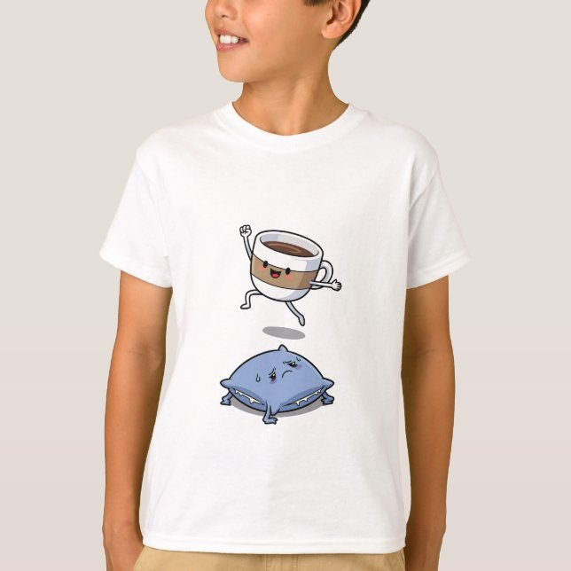 Energetic Cartoon Coffee Cup Jumping Over  T Shirt (Framsida)