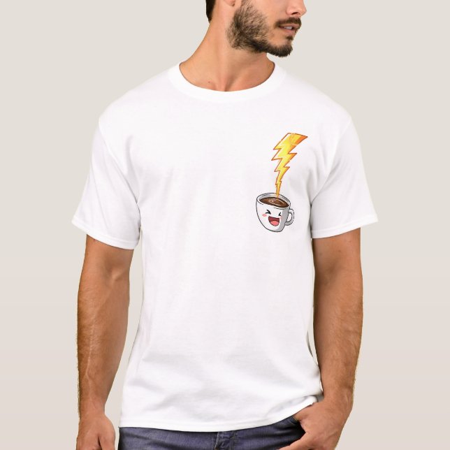 Energetic Kawaii Coffee Cup with Lightning Bolt T Shirt (Framsida)