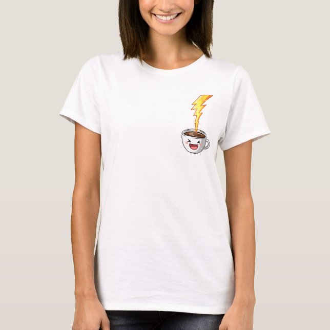 Energetic Kawaii Coffee Cup with Lightning Bolt T Shirt (Framsida)