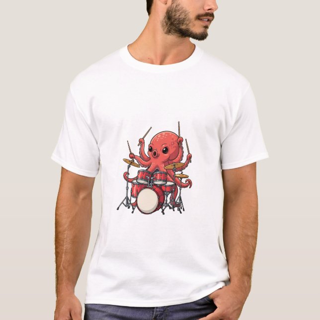 Energetic Red Octopus Drummer Multitasking T Shirt (Framsida)