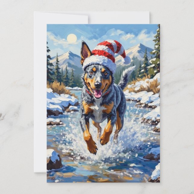 Energisk Blue Heeler Hund Winter Creek Jul Julkort (Framsida)