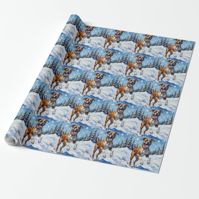 Energisk Boxer Hund Hoppar i Vinter Snö Kul Presentpapper (Utrullad)