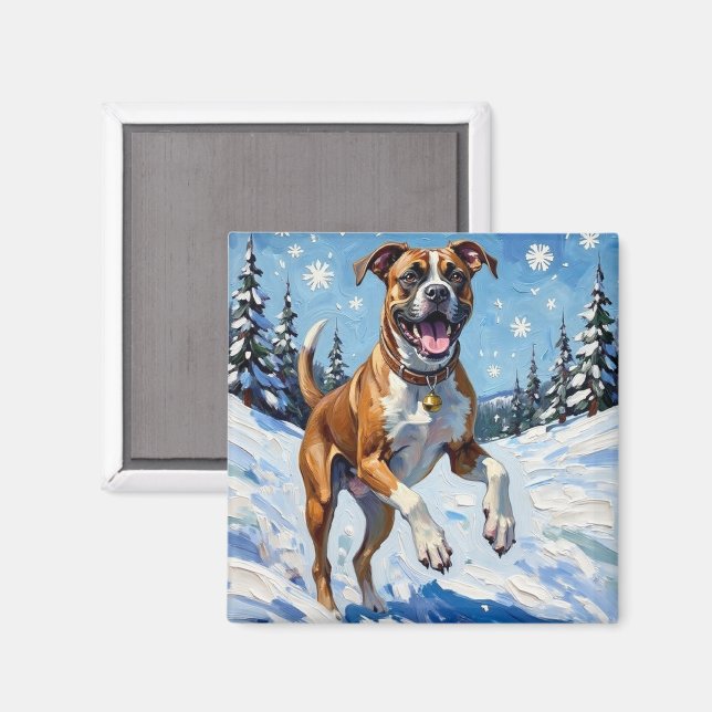 Energisk boxerhund hoppar i vintersnö kul magnet (Front/Back)