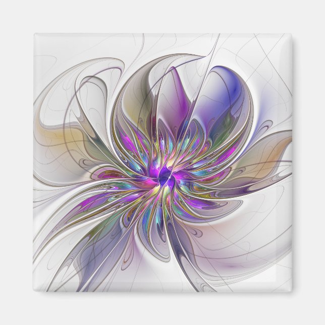 Energisk, Färgrik Abstrakt Fraktal Konst Blomma Magnet (Framsidan)