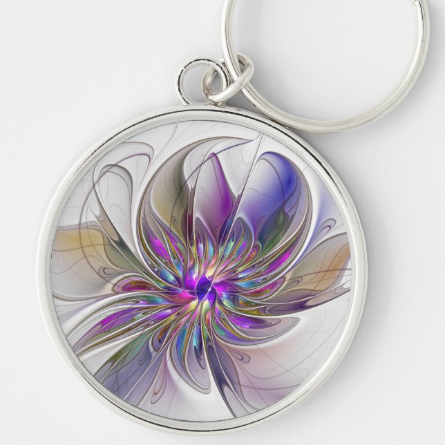 Energisk, färgrik abstrakt fraktal konst blomma rund silverfärgad nyckelring (Framsidan)