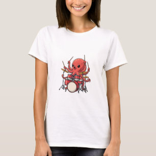 Energisk röd bläckfisktrumslagare som multitaskar t shirt
