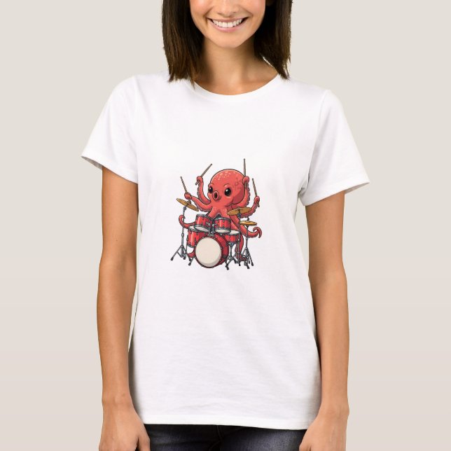 Energisk röd bläckfisktrumslagare som multitaskar t shirt (Framsida)