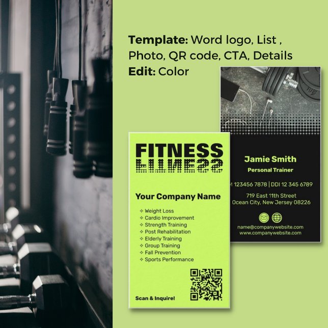 Energize Brand Lime Green & Black Personal Trainer Visitkort (Energize Brand Lime Green & Black Personal Trainer Business Card, List of Services, Word logo)