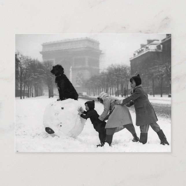 Enfants neige Paris 1930 Vykort (Framsida)